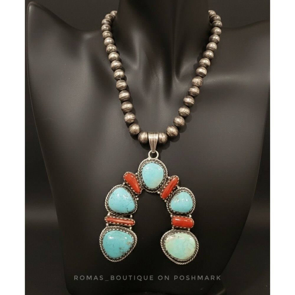 Mexico turquoise and coral naja sterling silver 925 large pendant necklace
